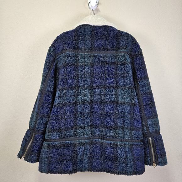 Faherty Montana Faux Shearling Coat Plaid Asymmetric Zip Moto Blue Sherpa XL - Picture 10 of 16